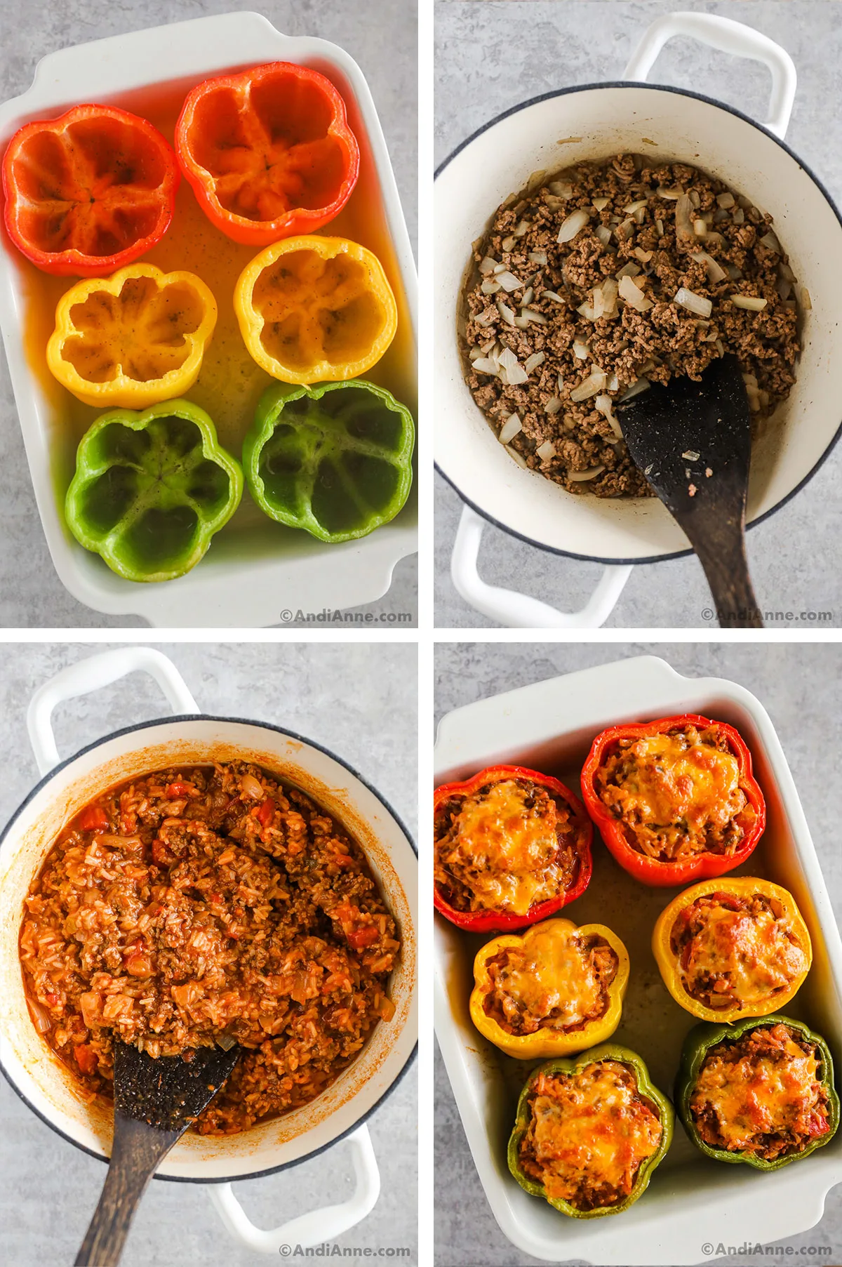 Four images showing steps to make recipe. First is white dish with sliced bell peppers. Second is browned beef in a pot. Third is ground beef rice mixture in a tomato sauce. Fourth is stuffed bell peppers with cheese on top.