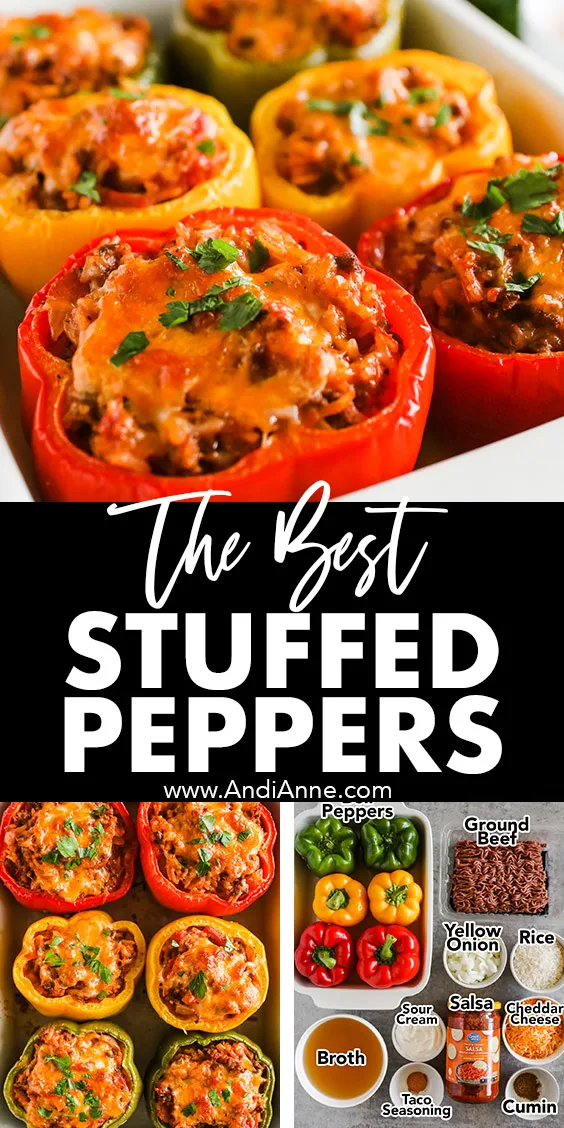 Stuffed peppers in a white dish, with an image of the recipe ingredients including ground beef, peppers, and various ingredients in bowls.
