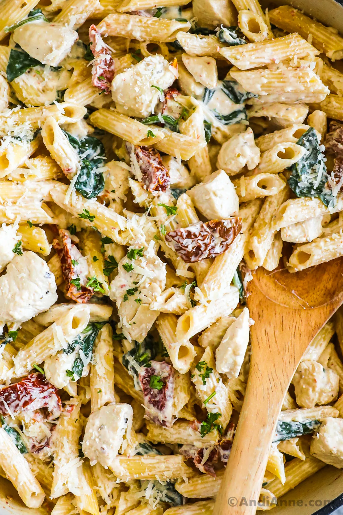 Close up of tuscan pasta chicken recipe in a creamy sauce with sun dried tomatoes, spinach and shredded parmesan cheese.