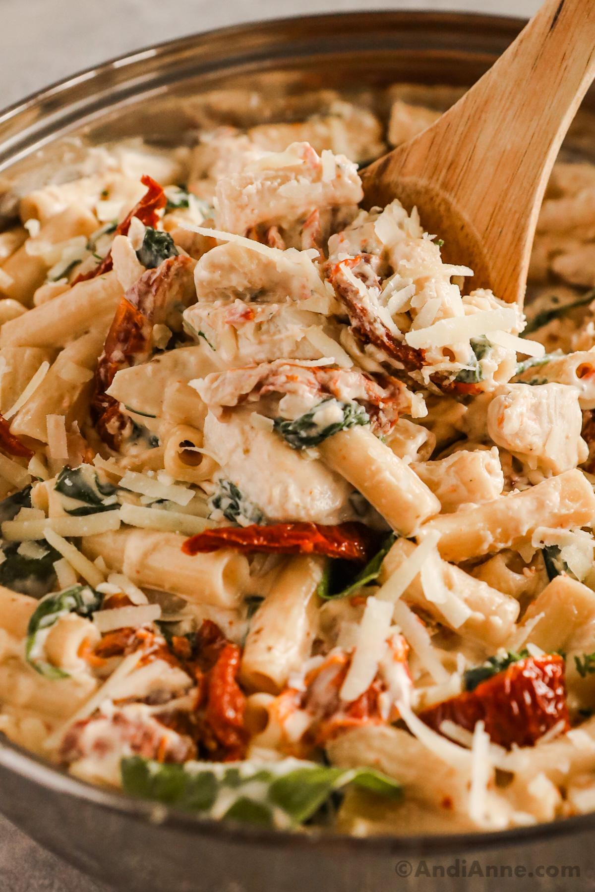 Close up of tuscan chicken pasta recipe with sun dried tomatoes and spinach.