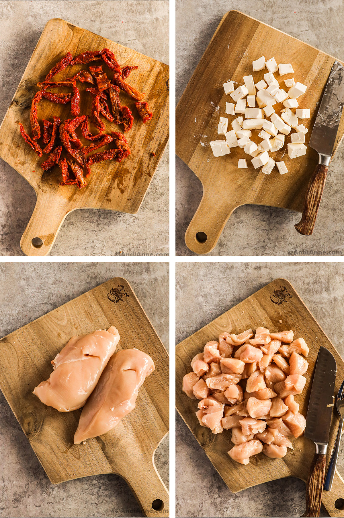 Four images with sun dried tomatoes, chopped cream cheese, and chicken on a cutting board.
