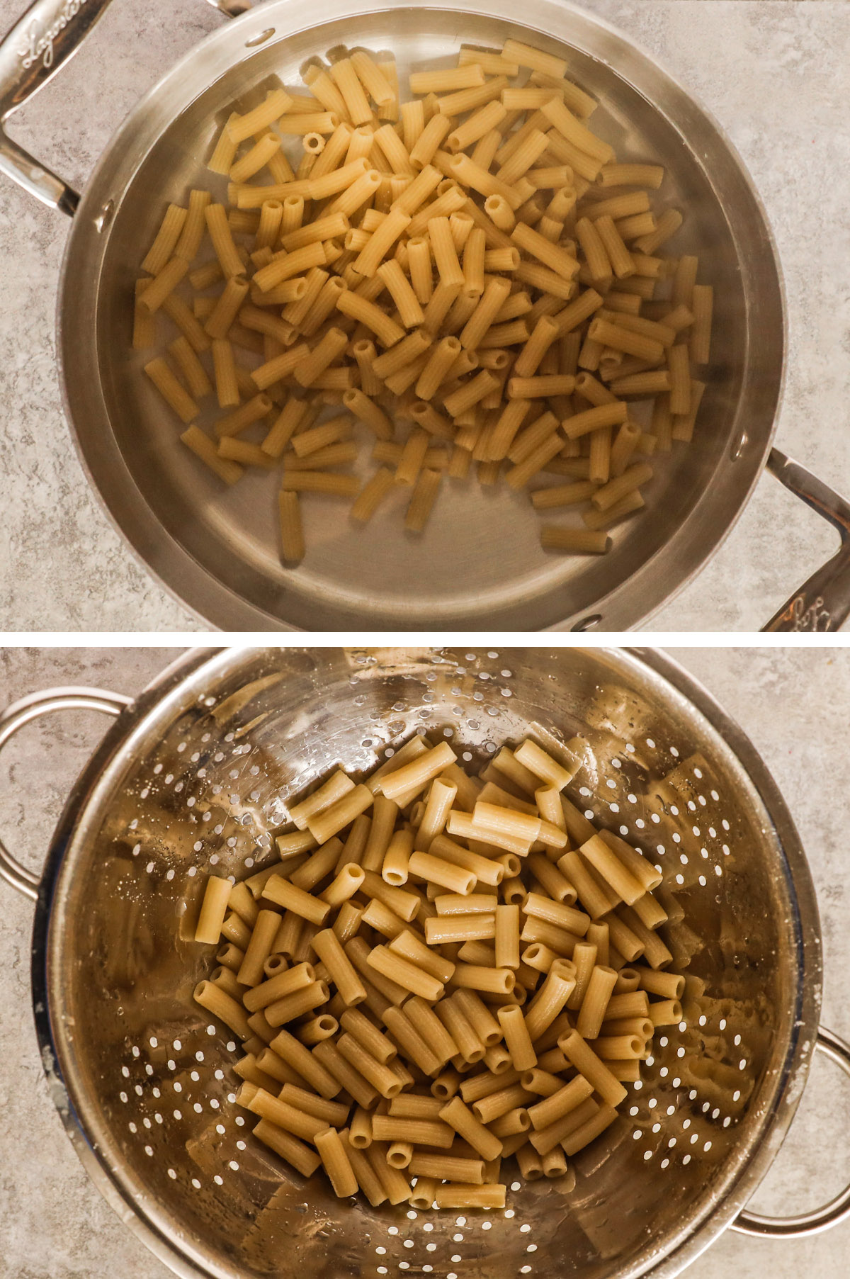 Penne pasta in a pot with water and strained penne in a strainer,