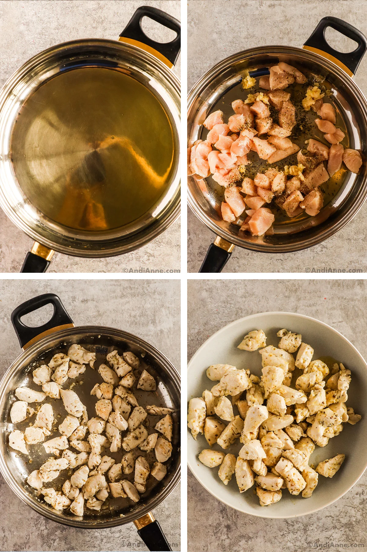 Four images of a pot, first with olive oil, second with chopped chicken, third with cooked chicken, fourth is chicken on a plate.
