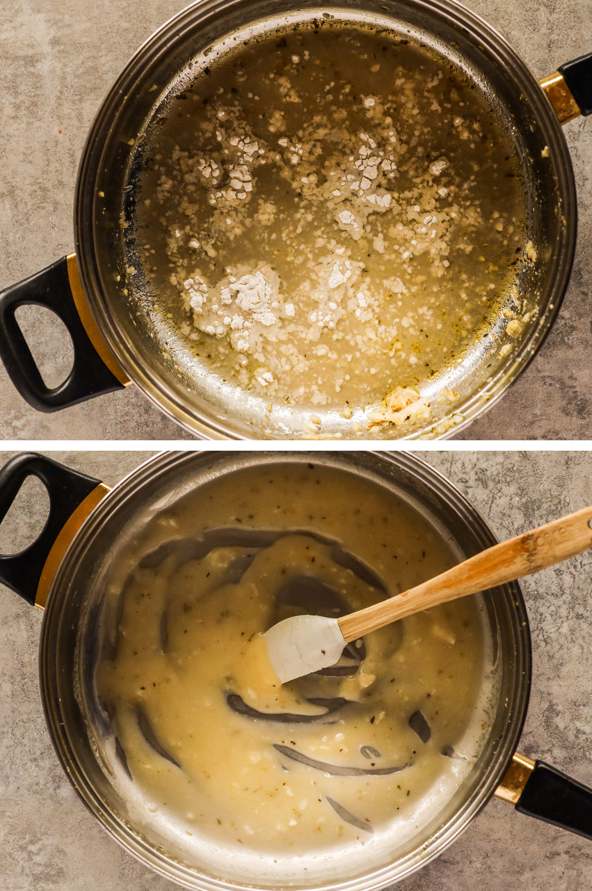 A pot with flour and broth, then the same pot with gravy sauce,