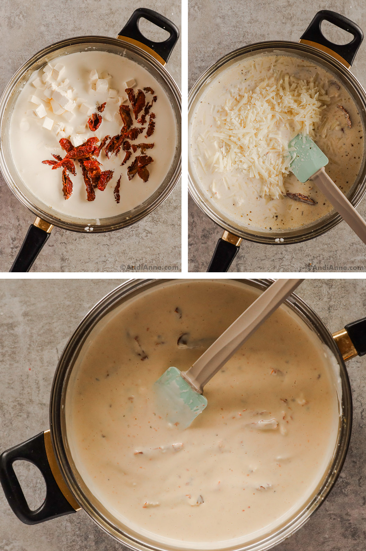 Cream, cream cheese, parmesan cheese and sundried tomatoes in a pot, then mixed to create a creamy thickened sauce.