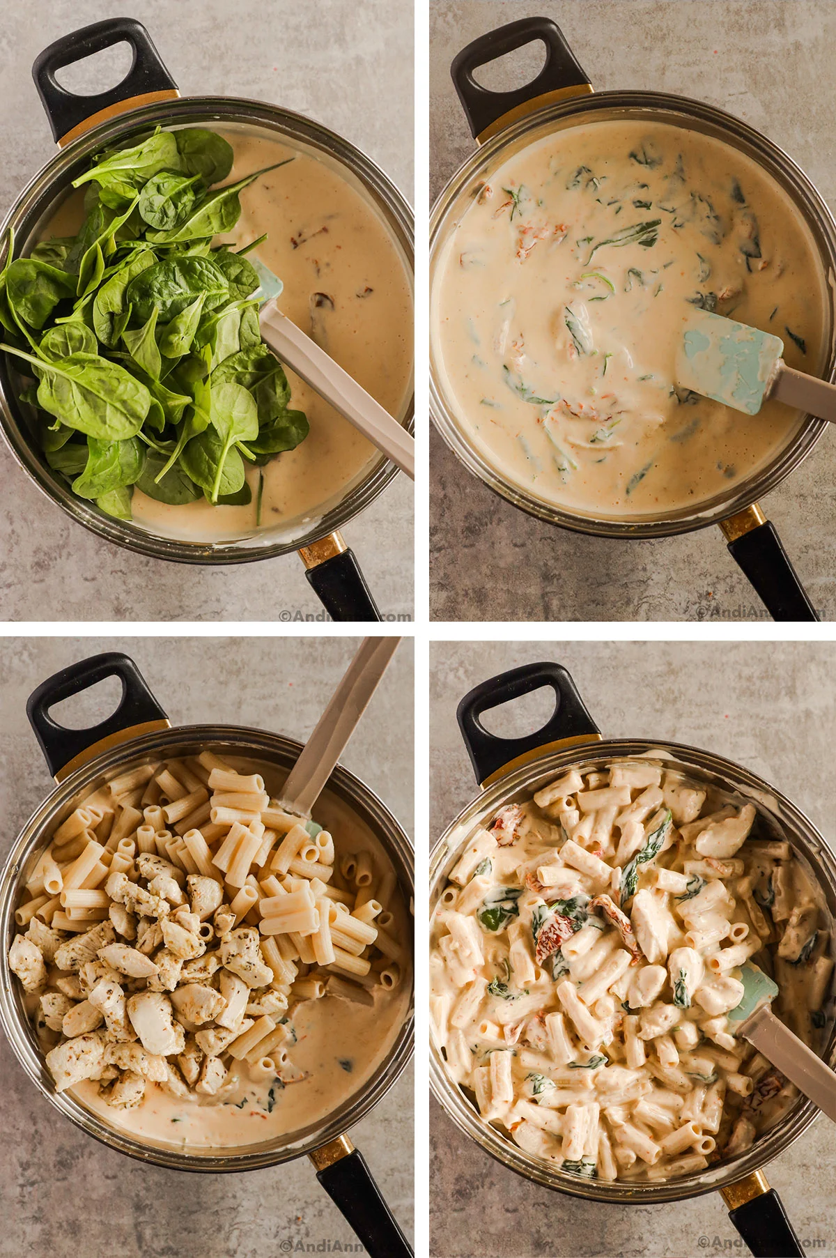 Four images of a pot, first with spinach dumped over creamy sauce. Second with creamy sauce and wilted spinach, third with pasta and chopped chicken over creamy sauce, fourth with all ingredients mixed together.