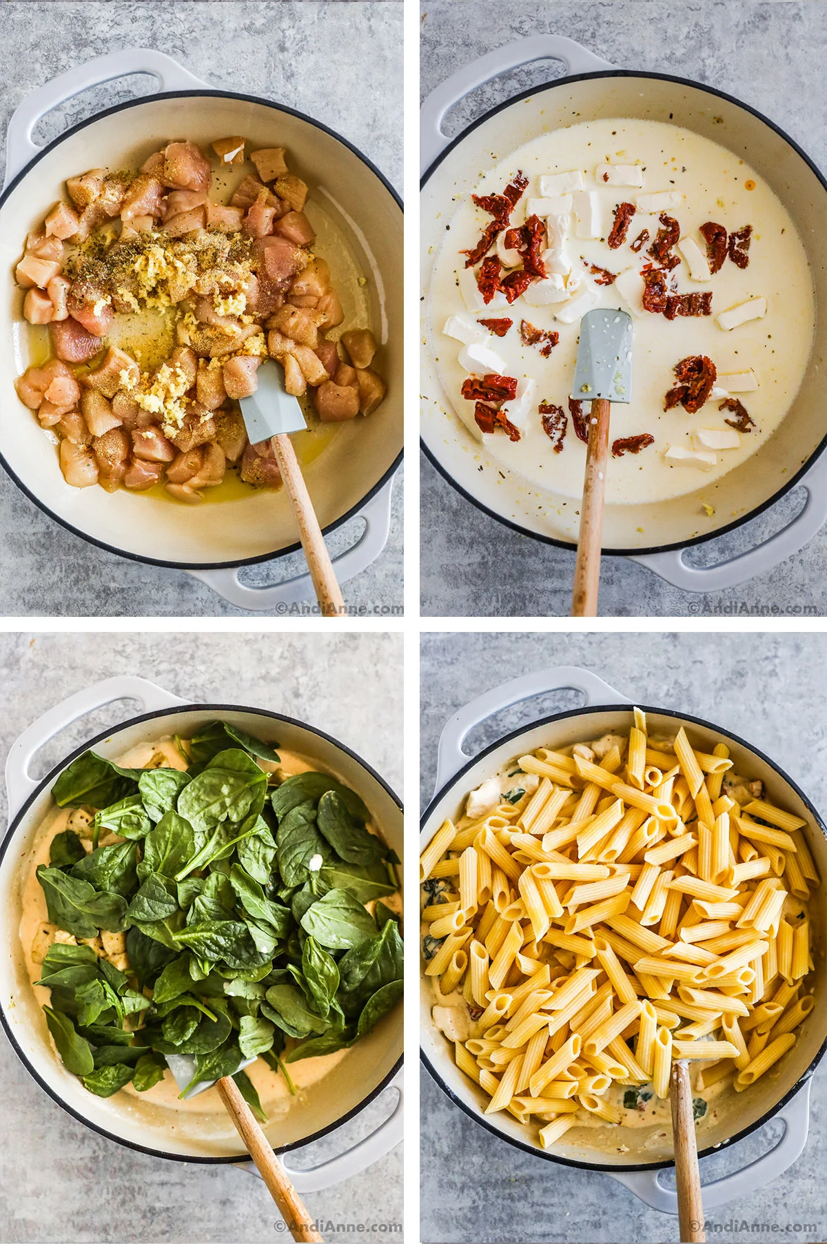 Four images to make recipe in a large grey pot including raw chopped chicken and minced garlic, second is cream, cubes of cream cheese and sliced sun dried tomatoes, third is spinach on top of creamy chicken recipe, fourth is cooked pasta on top of recipe. 