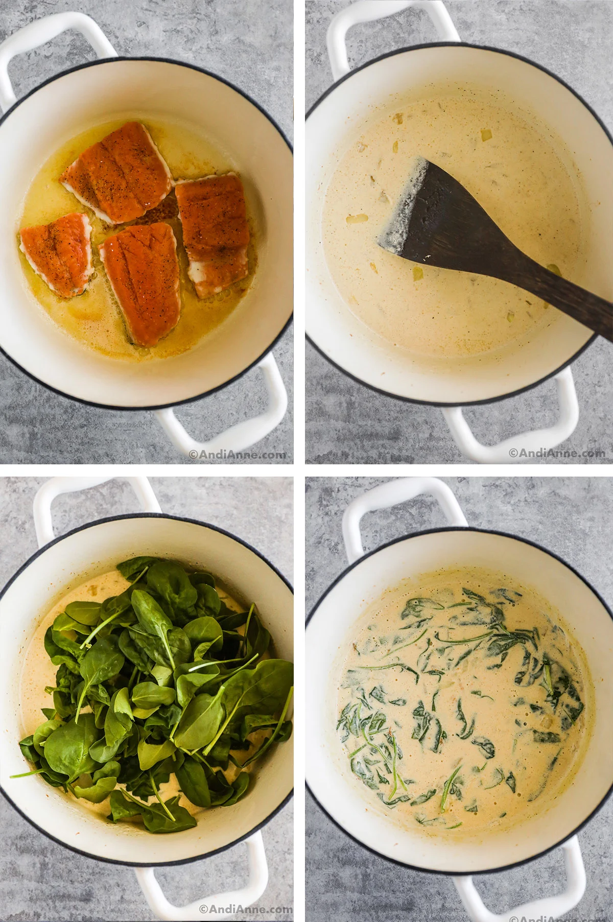 Four images showing steps to make recipe. First is a white pot with a cut up salmon fillet in melted butter, second is creamy sauce with a spatula, third is fresh spinach dumped over the creamy sauce, fourth is wilted spinach in the creamy sauce.