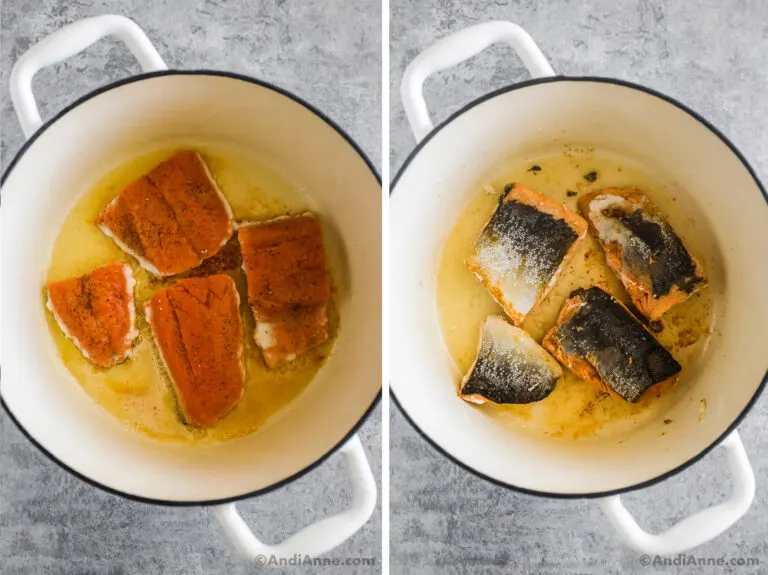 Two images of a white pot. First with raw salmon pieces cooking in butter and oil. Second with skin side up salmon fillets.