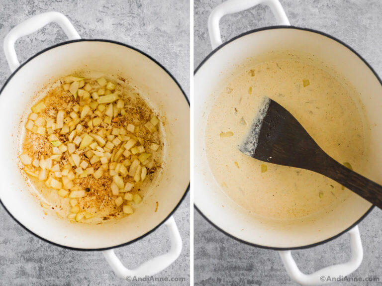 Two images of a white pot. First with chopped cooked onion. Second with white cream sauce and a spatula.