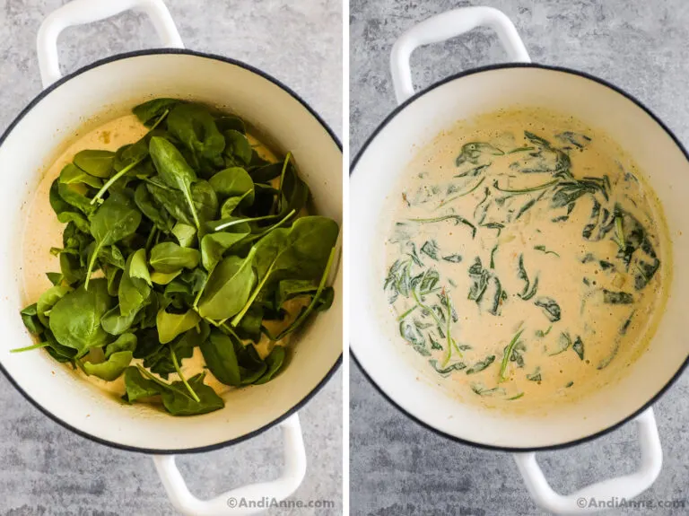 Two images of a white pot, first with fresh baby spinach dumped onto cream sauce. Second with wilted spinach in cream sauce.