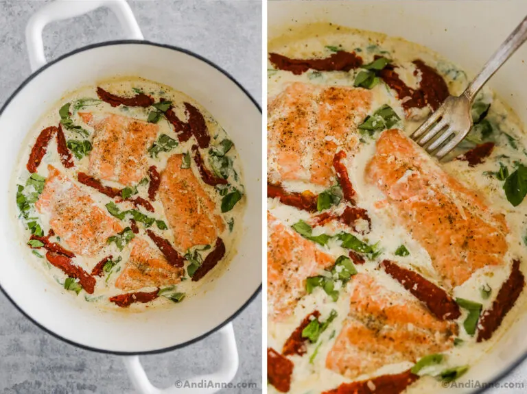 Two images of a white pot with tuscan salmon with spinach and sun dried tomatoes, all in a creamy white sauce.