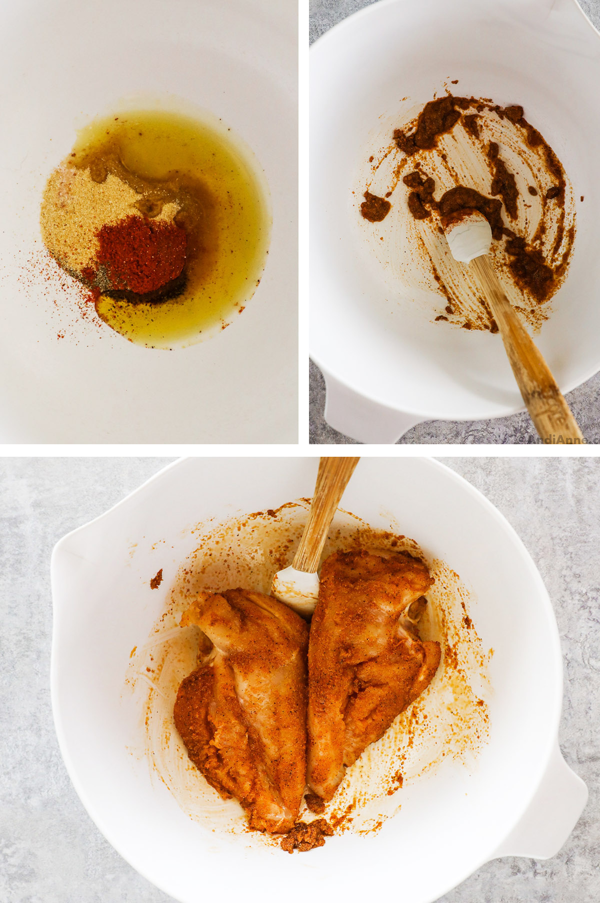 Three images of a bowl with spices and raw chicken breast.