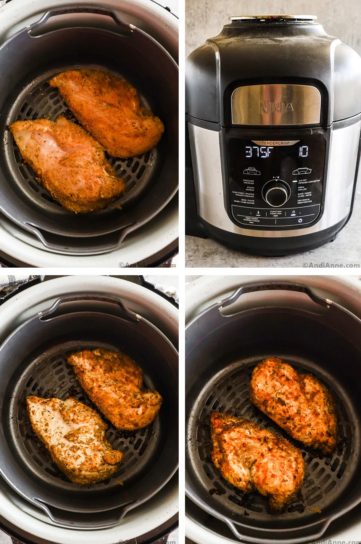 Four images of an air fryer cooking two chicken breasts covered in spices.