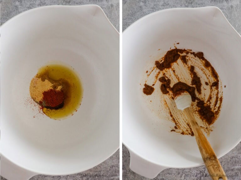 Two images of a white bowl with spices and oil. First image is them unmixed, second is them mixed together.