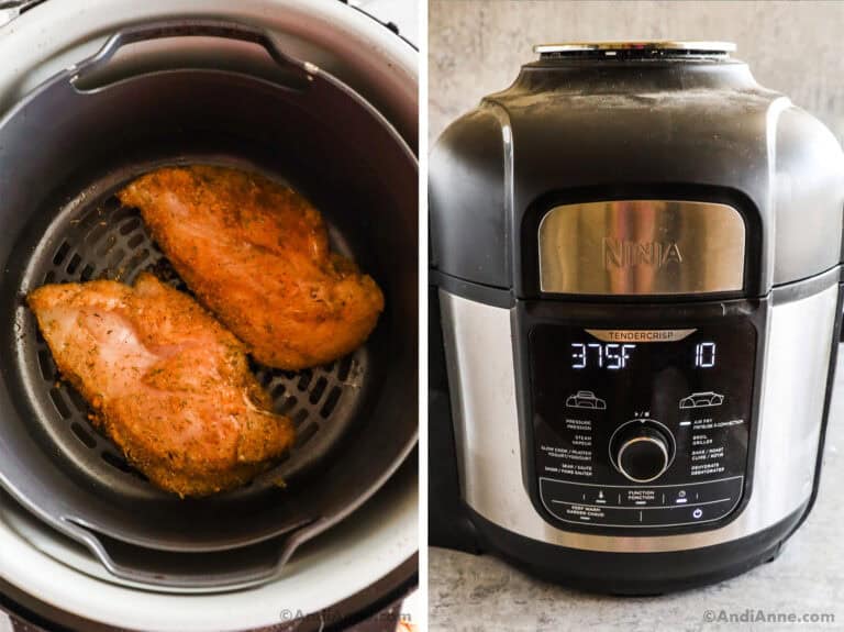 Two images of an air fryer. First looking down into the air fryer and two chicken breasts. Second is the ninja foodi deluxe closed.