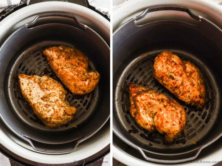 Two images of chicken breasts cooking in an air fryer.