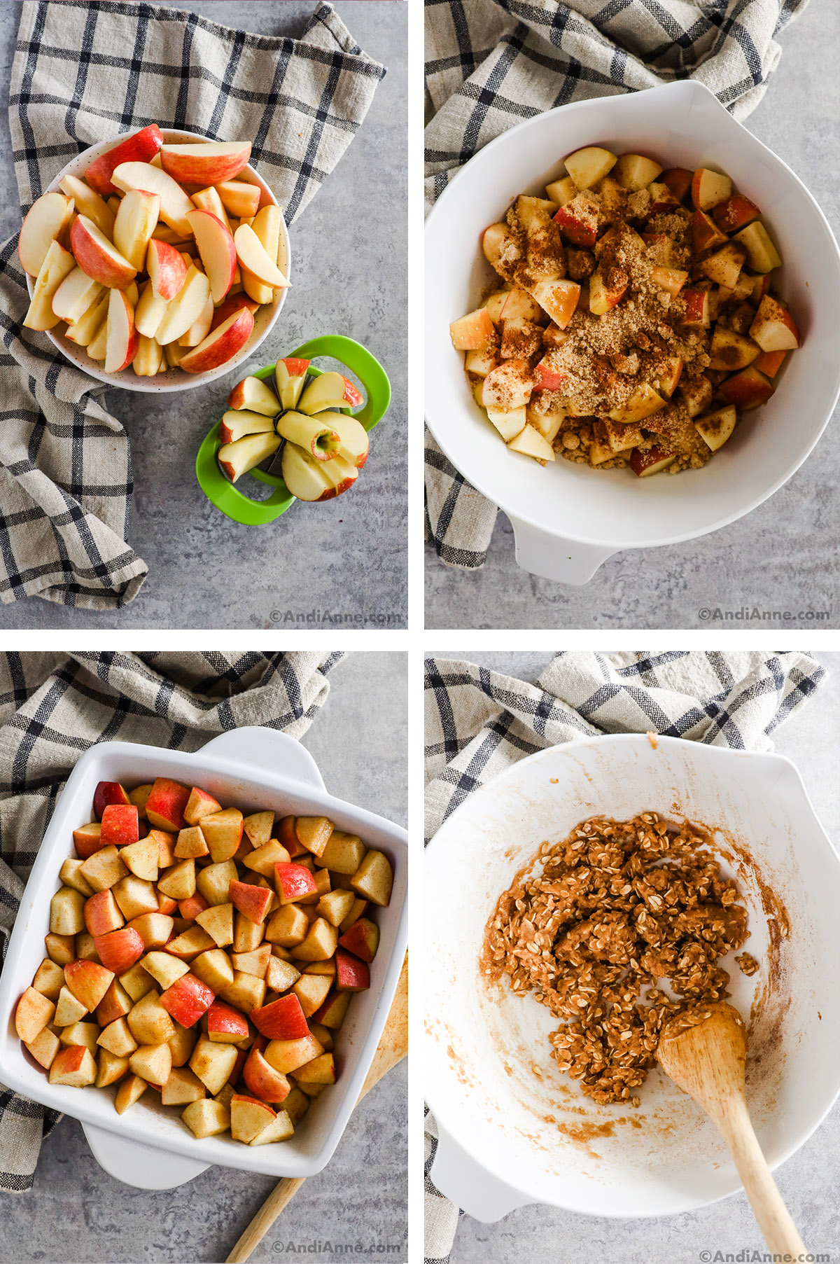 Four images showing steps to make recipe. First is sliced apples in a bowl and an apple slicer. Second is chopped apples in a bowl with sugar and spices dumped on top. Third is chopped apple with spices in a white baking dish. Fourth is a large bowl with oat mixture inside and a wood spoon.
