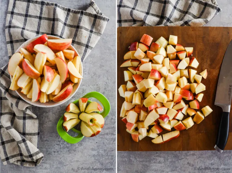 Two images, first is sliced apples in a bowl with and apple slicer. Second is chopped apples on a cutting board.