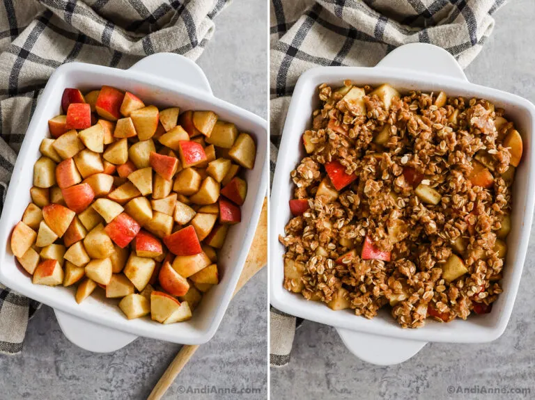 Two images of a white square baking dish, first with chopped apples, second with apple crumble mixture on top.