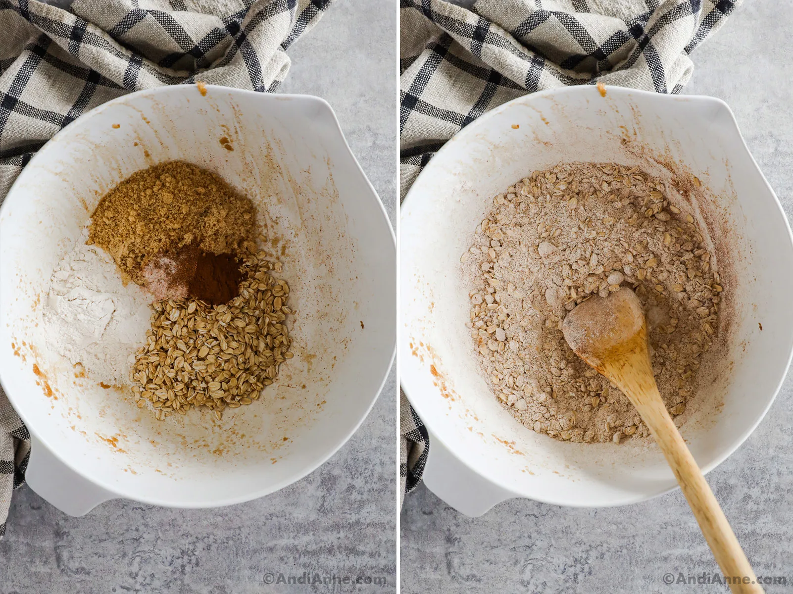 Two images of a white bowl, first with various ingredients dumped in. Second with oat flour mixture and a wood spoon.