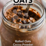 Chocolate overnight oats in a mason jar with ingredients .