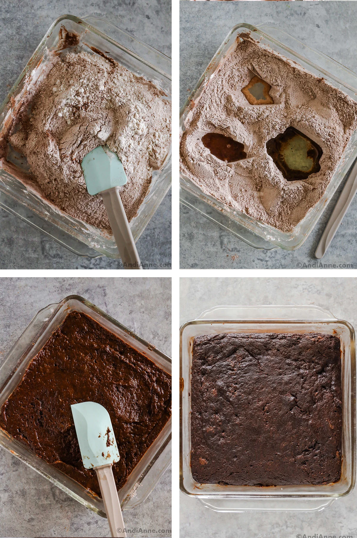 Four images showing steps to make cake, all in a glass baking dish. First is dry ingredients and a spatula. Second is three holes in the dry ingredients with liquid poured into each. Third is wet chocolate cake batter. Fourth is baked chocolate cake.