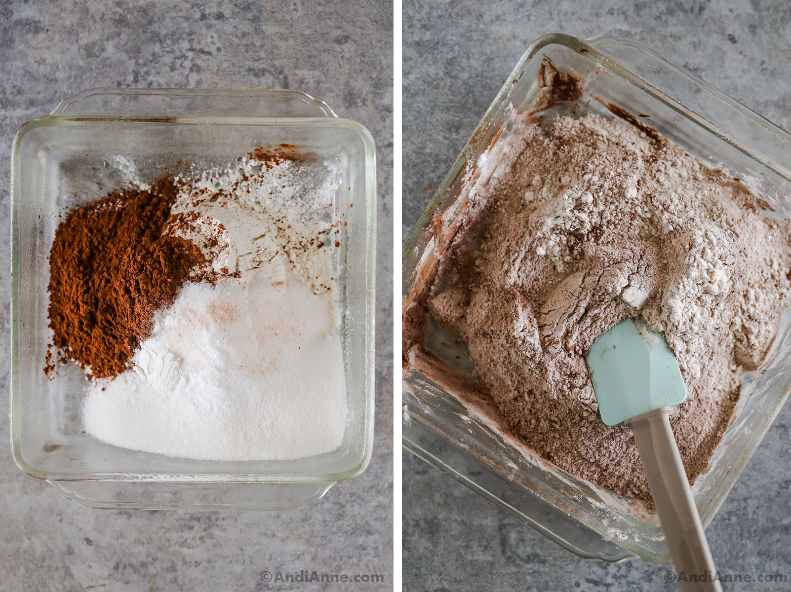 Two images of an 8x8 glass baking dish. First with flour, cocoa powder and other baking ingredients dumped in. Second with all ingredients mixed together.