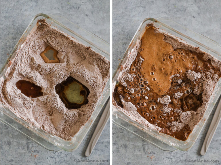 Two images of a baking dish. First with 3 holes in dry ingredients and different liquids poured in. Second with different liquids poured around the dry ingredients.
