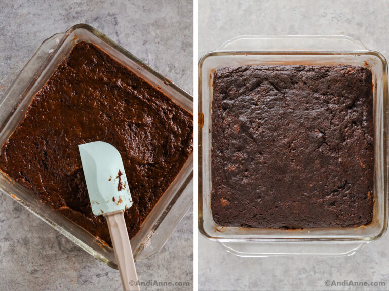 Two images of a square baking dish, first with uncooked batter, second with cooked chocolate cake.