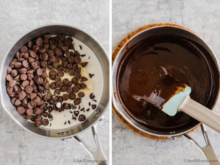 Two images of a saucepan, first with chocolate chips and milk. Second with a smooth chocolatey sauce.