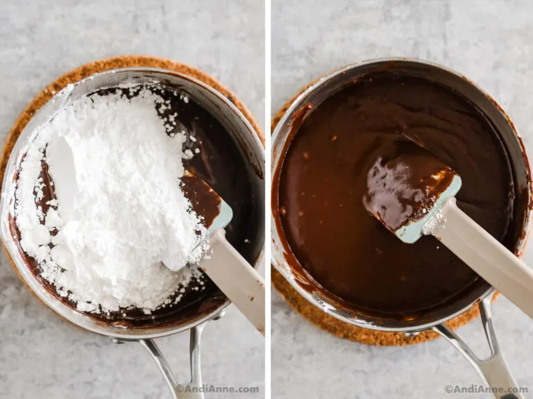 Two images of a saucepan, first with powdered sugar poured on top of chocolate sauce. Second with chocolate sauce and spatula.