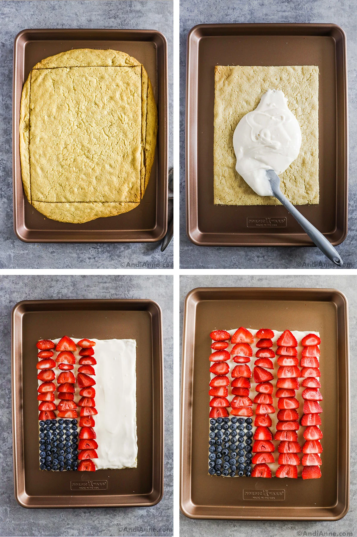 Four images showing steps to make recipe. First is baked cookie dough sliced to create rectangle. Second is cream cheese frosting spread on top, third and fourth are blueberries and sliced strawberries arranged in rows to create an american flag design.