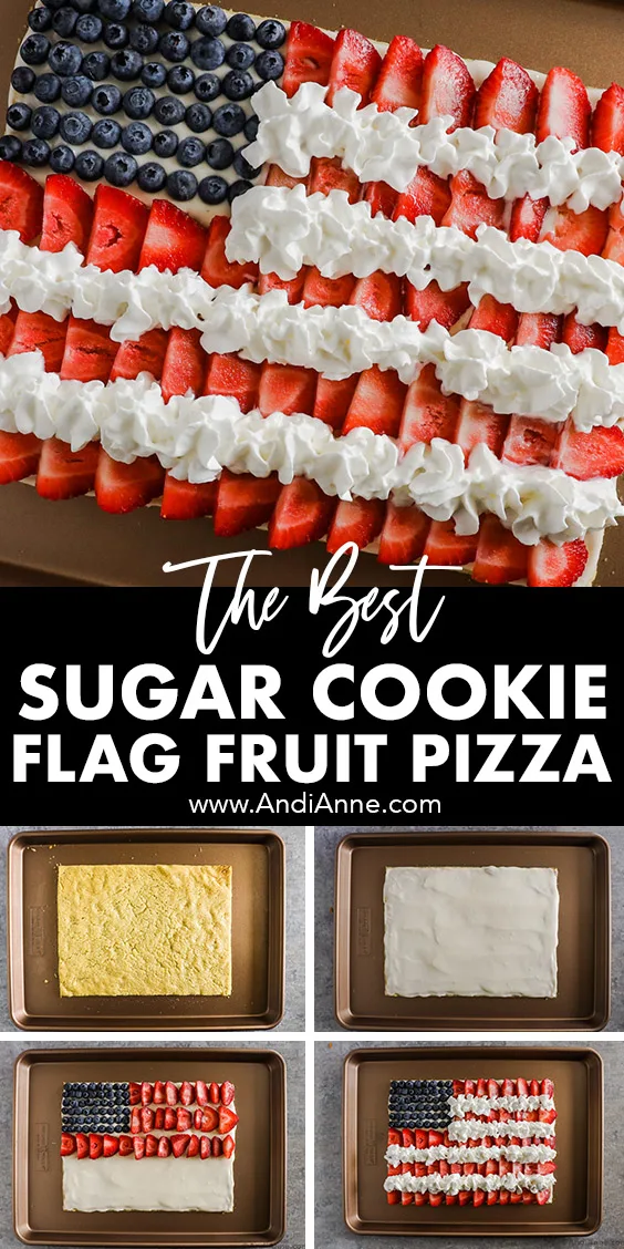 Sugar cookie flag fruit pizza created from sliced strawberries, blueberries and stripes of whipped cream. With images showing steps to make the recipe including baking the sugar cookie, spreading frosting, creating stripes with blueberries, strawberries and whipped cream.