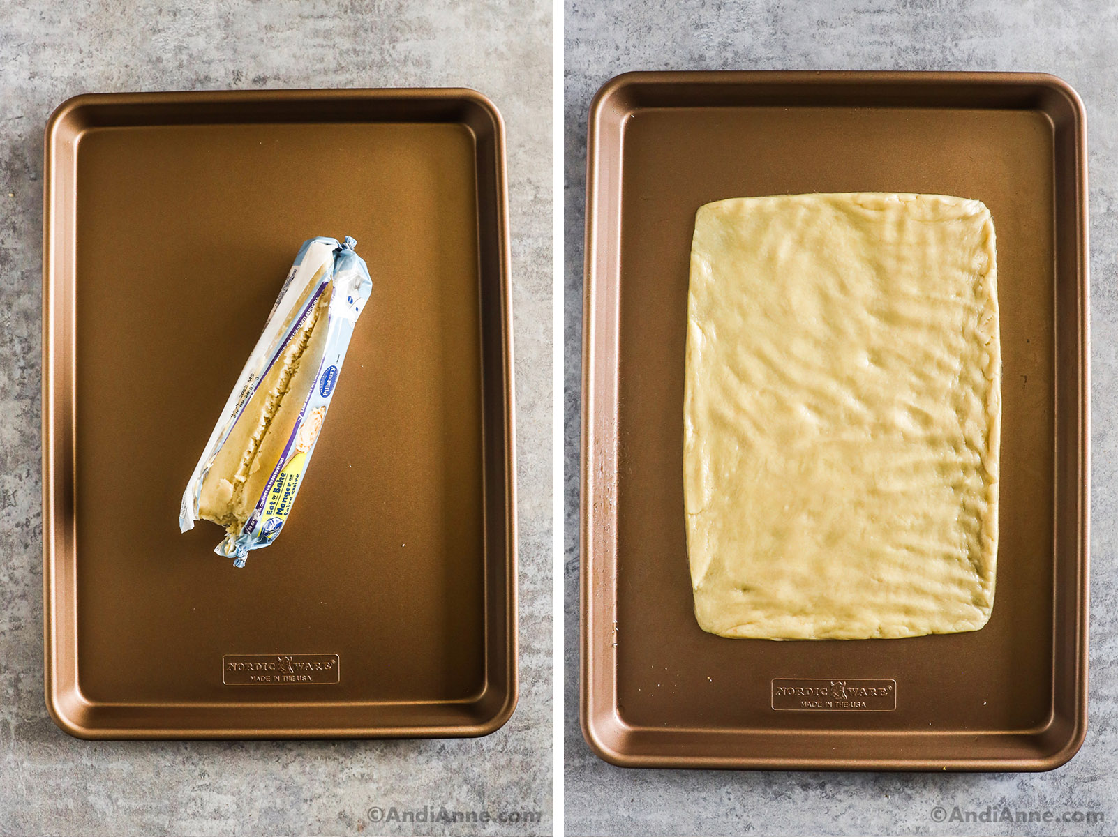 Two images of a baking sheet with refrigerated cookie dough, formed into a rectangle.