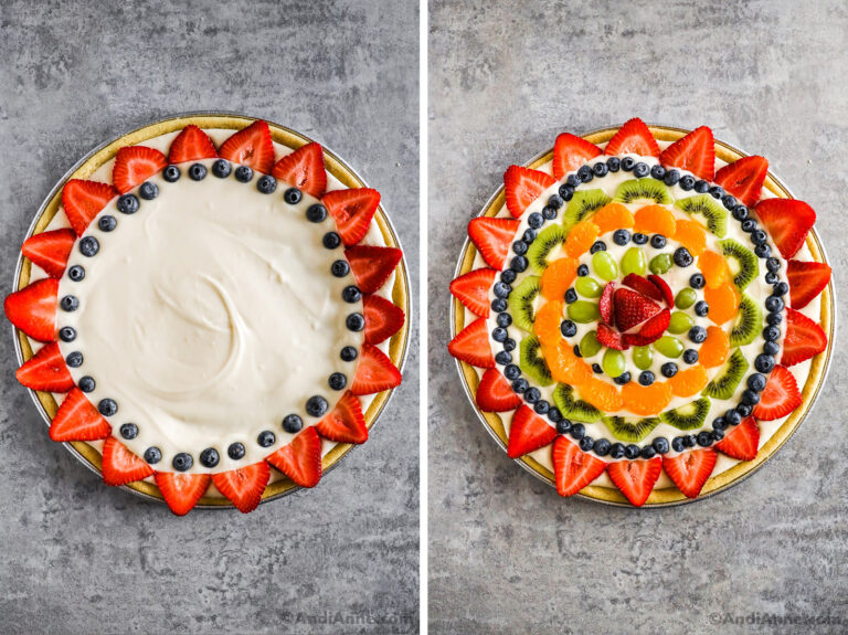 Two images of a fruit pizza with sugar cookie crust, cream cheese frosting and sliced fruit topping.