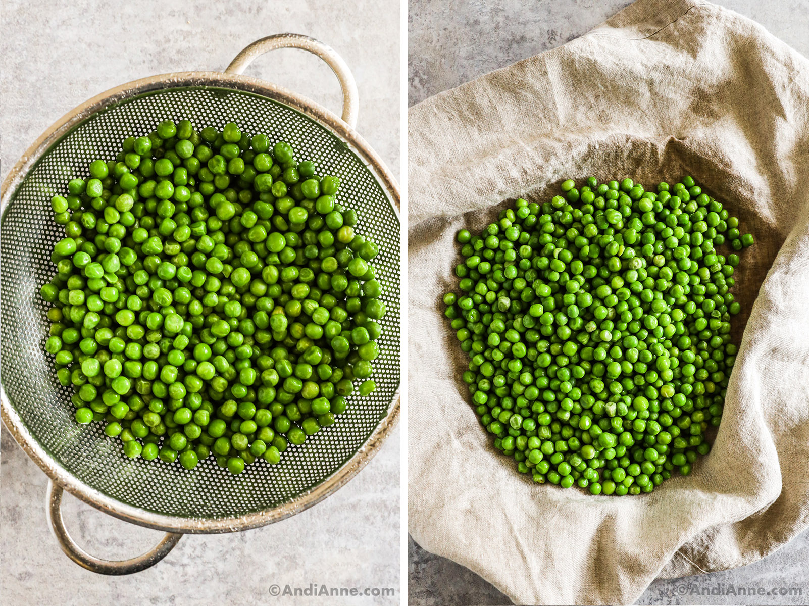 Peas in a strainer and in a kitchen towel.