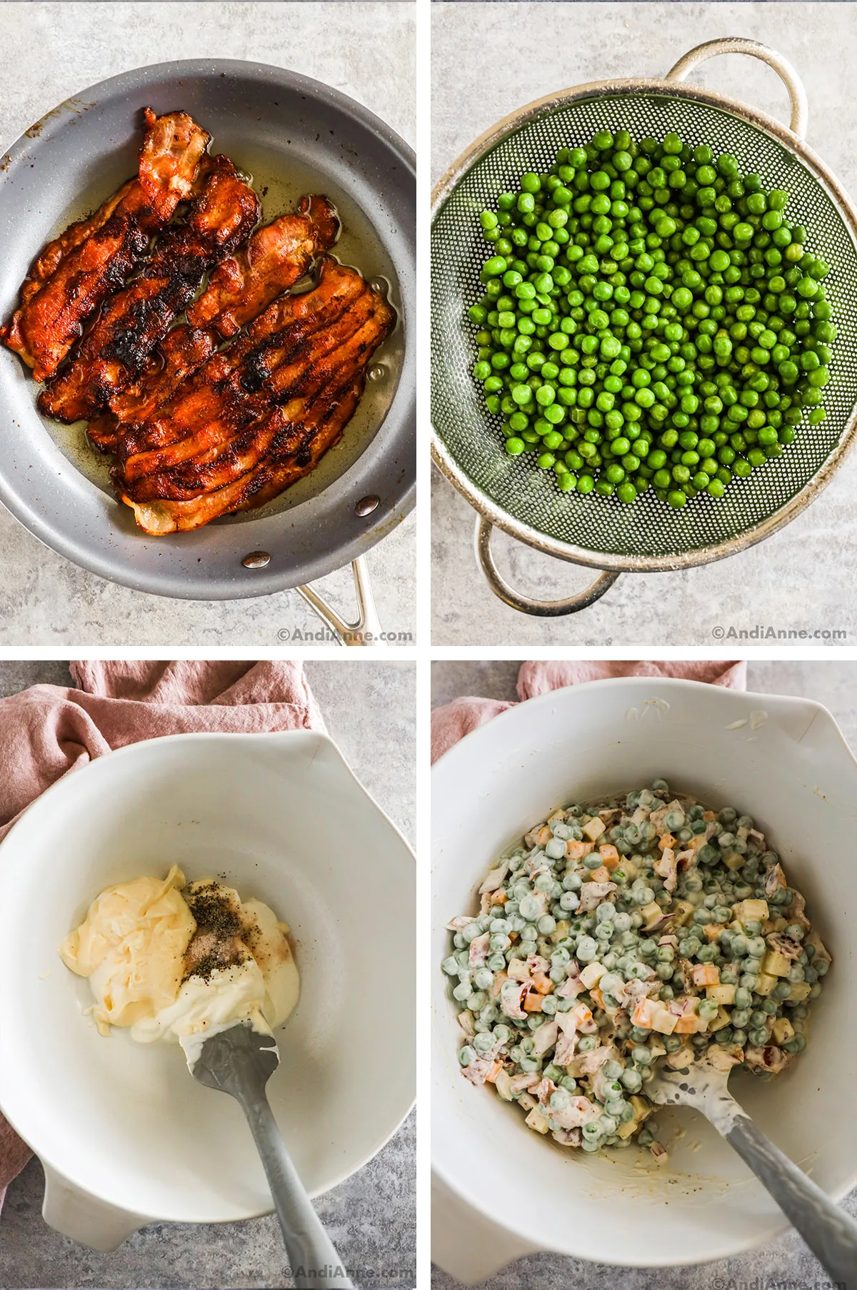 Four images grouped together. First is cooked bacon in a frying pan, second is peas in a strainer, third is sour cream and mayonnaise with salt and pepper in a bowl, fourth is creamy pea salad recipe in a bowl.