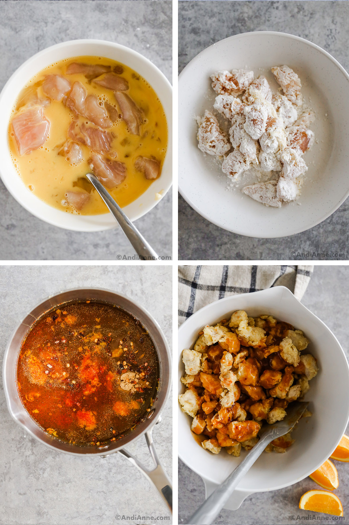 Four images showing steps to make recipe. First is raw chicken pieces with beaten eggs in a bowl. Second is raw chicken pieces tossed with flour mixture, third is various orange ingredients dumped in sauce pan. Fourth is cooked chicken pieces and sauce in a bowl with spatula.