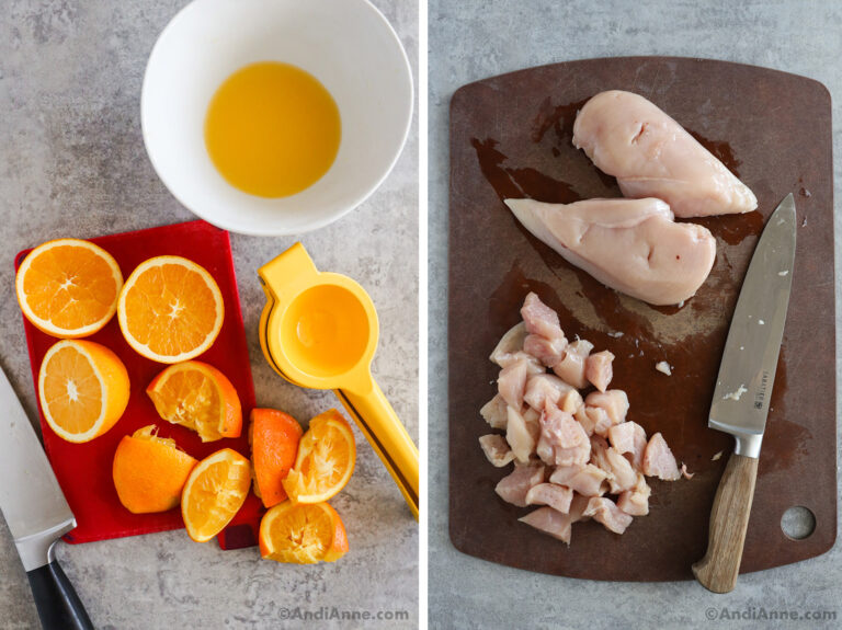 Two images, first is sliced oranges with a juicer and a bowl of orange juice. Second is raw chicken breasts and cut chicken bites on a cutting board.