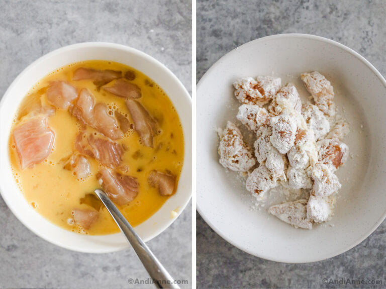 Two images, first is a bowl with beaten eggs and chopped chicken. Second is chicken bites coated with flour mixture.