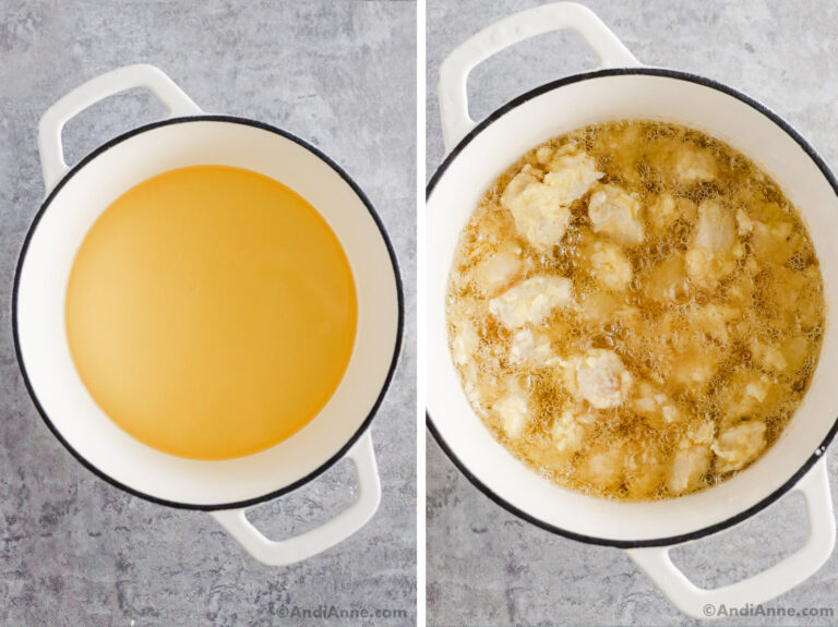 Two images of a white pot. First is cooking oil, second is chicken bites in hot bubbling oil in pot.