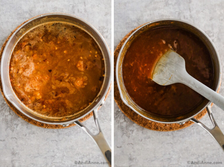 Two images of a saucepan. First is various brown ingredients dumped in. Second is cooked brown colored sauce with a spatula.