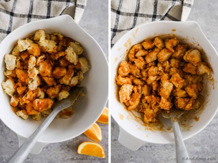 Two images of a bowl with chicken bites. first with sauce dumped on top. Second with sauce mixed in.