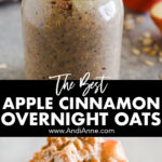 Apple cinnamon overnight oats in a mason jar and a spoon holding a big scoop