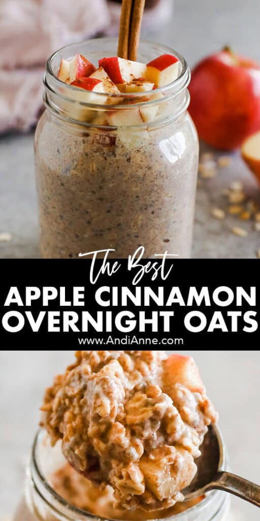 Apple cinnamon overnight oats in a mason jar and a spoon holding a big scoop