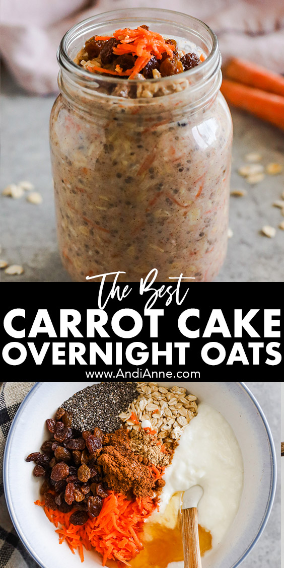 carrot cake overnight oats ingredients in a bowl and then mixed together in a mason jar.