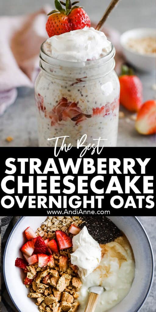 Strawberry cheesecake overnight oats in a mason jar, and all the ingredients dumped in a bowl unmixed.