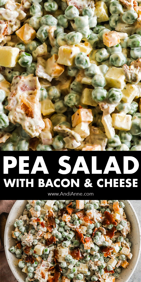 Close up of pea salad with bacon and cheese in a creamy sauce.