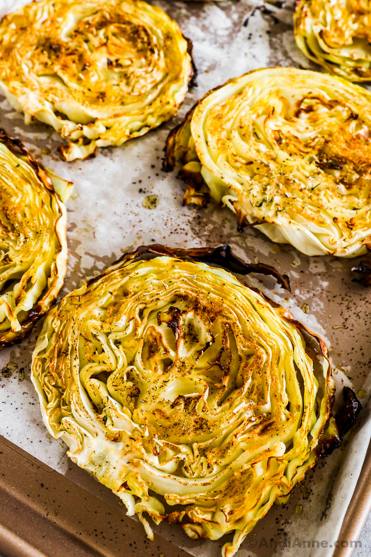 Close up of roasted cabbage slices.